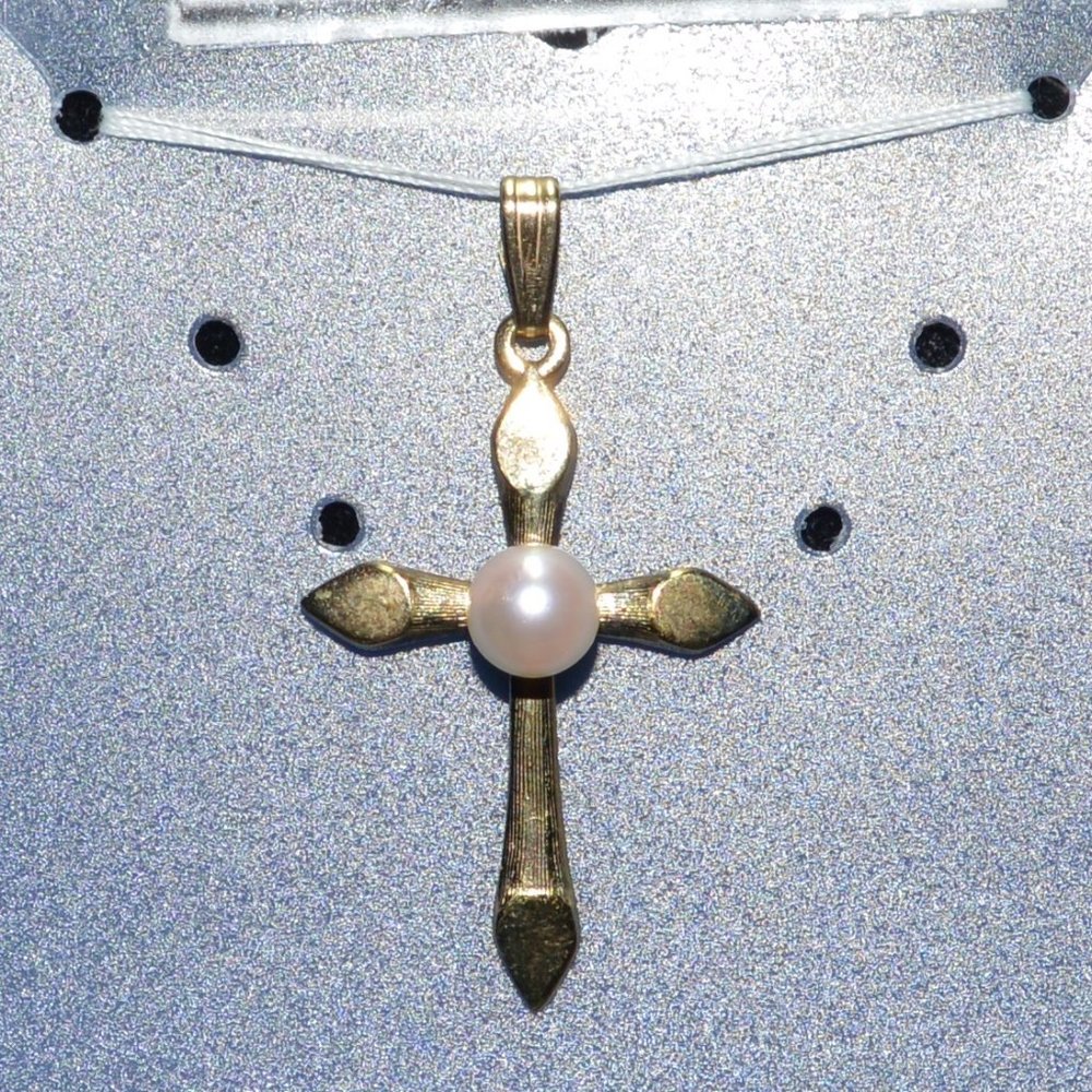 Cross Necklace Charm with Peach Pearl